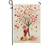Bandiere da giardino per cani Labrador Retriever di San Valentino, 30,5 x 45,7 cm, double face, per decorazione esterna, divertente motivo a cuore con albero e cucciolo, bandiera per casa da cortile