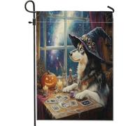 Bandiere da giardino per cani Malamute, strega di Halloween, 30,5 x 45,7 cm, double face, per decorazioni esterne, motivo cucciolo di astrologia dei tarocchi, bandiera per casa da cortile, piccola
