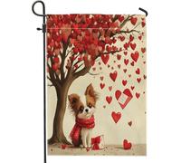 Bandiere da giardino per cani Papillon San Valentino, 30,5 x 45,7 cm, double face, per decorazione esterna, divertente bandiera in tela con cuore, albero, cucciolo, per esterni, piccola bandiera da