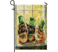 Bandiere da giardino per cani pechinesi per il giorno di San Patrizio, 30,5 x 45,7 cm, double face, per esterni, per divertimento con cuccioli, bandiere verticali standard per casa, trifoglio