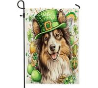 Bandiere da giardino per cani Rough Collie per il giorno di San Patrizio, 30,5 x 45,7 cm, double face, decorazione per esterni, divertente e carino, bandiera per la casa, in tela, con trifoglio per