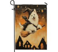 Bandiere da giardino per cani samoiedo di Halloween, 30 x 45 cm, double face, per esterni, con scopa da strega, stelle, bandierine per prato, cortile, piccola casa, decorazione per esterni