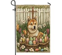 Bandiere da giardino per cani Shiba Inu Spring Easter 30,5 x 45,7 cm, double face, per esterni, uova di fattoria, croce cucciolo, bandierine standard per esterni, decorazione vintage per cortile
