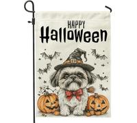 Bandiere da giardino per cani Shih Tzu per Halloween, 30,5 x 45,7 cm, double face, per decorazione esterna, spaventosa zucca, pipistrello, cucciolo, bandiera, tela, casa, animale domestico, piccolo