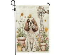 Bandiere da giardino per cani Spring Cavalier King Charles Spaniel, 30,5 x 45,7 cm, double face, per decorazione esterna, motivo cucciolo di campagna, bandiera per casa da cortile per animali