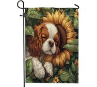 Bandiere da giardino per cani Spring Cavalier King Charles Spaniel, 30,5 x 45,7 cm, double face, per esterni, con foglie di girasole, bandiere verticali standard per la casa, divertenti bandiere per