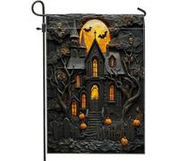 Bandiere da giardino per casa infestata spaventosa di Halloween, 30,5 x 45,7 cm, double face per esterni, 3D Horror Castle Relief Standard Canvas Outdoor Flags, Vintage Spooky Front Yard Backyard Lawn