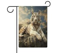 Bandiere da giardino personalizzate su entrambi i lati, tigre maestosa appoggiata su una stampa a roccia, 30,5 x 45,7 cm, in tessuto di lino anti-pieghe, bandiere personalizzate per cortile, patio