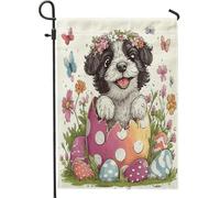 Bandiere da giardino portoghese con cane d'acqua primaverile pasquale, 30,5 x 45,7 cm, double face, decorazione esterna, divertente uova carine cucciolo modello bandiera per cortile casa, fiori