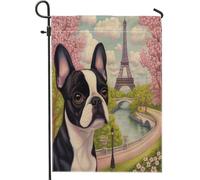 Bandiere da giardino primaverili Boston Terrier per cani, 30,5 x 45,7 cm, double face, decorative esterne, motivo torri romantiche, bandiera per casa da cortile, piccola bandiera per esterni per