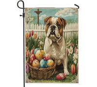 Bandiere da giardino primaverili pasquali bulldog da 30,5 x 45,7 cm, double face, per esterni, uova di fattoria, croce, cuccioli, bandierine per esterni, decorazione vintage per cortile, cortile