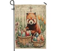 Bandiere da giardino primaverili pasquali con panda rosso, 30 x 45 cm, double face, per esterni, uova di fattoria, croce con animali, bandierine per esterni, decorazione vintage per cortile e prato