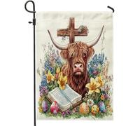 Bandiere da giardino primaverili pasquali Highland mucca, 30,5 x 45,7 cm, double face, per decorazione esterna, uova di campagna, fiori, animali frontali, bandierine in tela, divertente fattoria