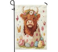 Bandiere da giardino primaverili pasquali Highland mucca, 30,5 x 45,7 cm, double face, per esterni, divertenti uova carine, motivo animale, bandiera per casa, fiori di campo all'aperto, piccola
