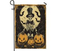 Bandiere da giardino retrò con scheletro strega di Halloween, 30,5 x 45,7 cm, double face, decorazione esterna, spaventoso teschio di zucca horror, bandiera per casa, raccapricciante bandiera da
