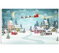 Bandiere Da Giardino Santa Claus Sleigh Reindeer Winter Christmas Scene Houses Pine Forest Bandiere Da Cortile Bandiera Decorativa Resistente Intemperie Bandiera Dell'Orgoglio Per 152X90CM