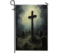 Bandiere da giardino spaventose per cimitero di Halloween, 30,5 x 45,7 cm, double face, per decorazione esterna, bandiera horror in tela panoramica per cimitero, bandiera vintage raccapricciante per