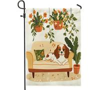 Bandiere da giardino Spring Cavalier King Charles Spaniel, 30,5 x 45,7 cm, double face, per esterni, divertente motivo con piante in vaso, bandierine standard in tela per casa, cortile, cortile, prato
