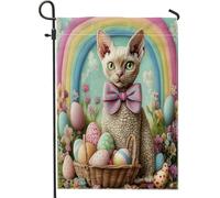 Bandiere da giardino Spring Easter Devon Rex Cat 30,5 x 45,7 cm, double face per esterni, uova in feltro di lana, bandiere standard per esterni, decorazione per esterni in tela per fattoria, cortile