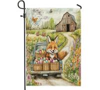 Bandiere da giardino Spring Easter Fox 30,5 x 45,7 cm su entrambi i lati per esterni, fattoria camion uova motivo animale bandiere standard in tela per casa, fattoria di campagna cortile cortile