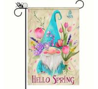 Bandiere Da Giardino Spring Gnome With Hydrangeas "Hello Spring" Bandiera Decorativa Premium Pride Flag Resistente Dissolvenza Outdoor Bandiera Per Prato Portico Celebrazioni 30X45Cm