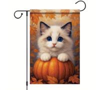 Bandiere Da Giardino Thanksgiving Fall White Cat Pumpkin Autumn Bandieradacortile Resistente Intemperie Outdoor Bandiera Premium Pride Flag Per Prato Portico Bar 30X45Cm