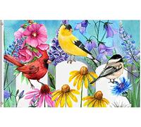 Bandiere Da Giardino Three Birds On Yellow Pink Purple Flowers Daisies Spring Summer Seasonal Pride Flag Resistente Intemperie Bandiera Decorativa Premium Bandiera Dell'Orgoglio Per 152X90CM