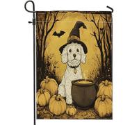 Bandiere da giardino vintage con cane Cavachon di Halloween, 30,5 x 45,7 cm, double face, per esterni, calderone strega, cucciolo, bandierine standard in tela per casa, retro cortile cortile cortile
