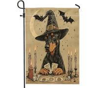 Bandiere da giardino vintage con cane dobermann di Halloween, 30 x 45 cm, per esterni, tarocchi da strega, bandiere verticali standard in lino per casa, divertenti bandiere da giardino da strega per