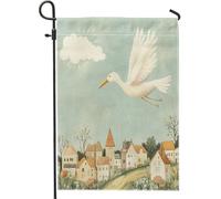 Bandiere da giardino vintage con cicogne in stile cartone animato, 30,5 x 45,7 cm, double face, per esterni, per casa, villaggio, campagna, standard, in iuta, prato, cortile, uccello, cortile, piccola