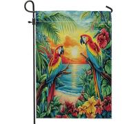 Bandiere da giardino vintage con pappagallo al tramonto, 30,5 x 45,7 cm, double face, per esterni, piante tropicali hawaiane, bandiere standard per prato, bandiere per uccelli e cortili, decorazioni