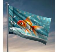 Bandiere da parete divertenti con un pesce rosso in un lavandino del bagno con piastrelle floreali. Bandiera per studenti e atleti, cartelli e decorazioni per esterni (120 x 180 cm)