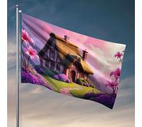 Bandiere da parete divertenti un pittoresco cottage circondato da fiori vivaci sotto un cielo da sogno. Bandiera studente atleta bandiera per esterni cartelli e decorazioni (152 x 244 cm)