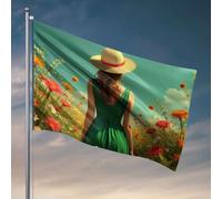 Bandiere decorative per la stanza donna in abito verde con cappello di paglia tra fiori colorati. Bandiere alla moda per dormitorio universitario uomo accessori per grotte (30 x 45 cm)