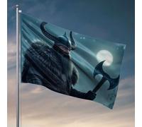 Bandiere decorative per la stanza, guerriero vichingo con elmo cornuto che tiene l'ascia sotto il chiaro di luna. Bandiera alla moda per dormitorio universitario uomo accessori per grotte (60 x 90 cm)