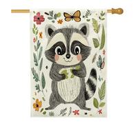 Bandiere della casa del procione primaverile 71,1 x 101,6 cm su entrambi i lati, fiori dei cartoni animati, bandiere verticali per la casa, bandiere di iuta con animali per esterni