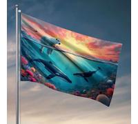 Bandiere della grotta dell'uomo orso polare, balene, barriera corallina colorata, tramonto. Bandiera per ragazze decorazione per la stanza delle ragazze bandiere divertenti (60 x 90 cm)