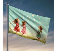 Bandiere della grotta dell'uomo tre ragazze che soffiano semi di tarassaco in un campo. Bandiera per ragazze decorazione per la stanza delle ragazze bandiere divertenti (60 x 90 cm)