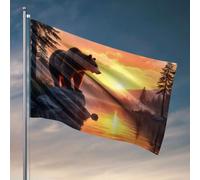 Bandiere della grotta dell'uomo Un orso si trova su una roccia vicino a un lago sereno mentre il sole tramonta bandiera per la stanza delle ragazze bandiere divertenti (30 x 45 cm)