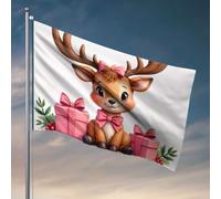 Bandiere della grotta dell'uomo un simpatico cervo con fiocchi rosa circondato da scatole regalo. Bandiera per la stanza delle ragazze decorazione divertente bandiere (152 x 244 cm)