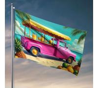Bandiere della grotta dell'uomo Un vivace camion di succo rosa serve bevande tropicali su una spiaggia soleggiata. Bandiera per la stanza delle ragazze bandiere divertenti (60 x 90 cm)