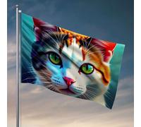 Bandiere della grotta dell'uomo una faccia di gatto colorata e stilizzata con vivaci occhi verdi. Bandiera per ragazze decorazione per la stanza delle ragazze bandiere divertenti (152 x 244 cm)