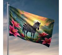 Bandiere della grotta dell'uomo Una zebra si trova tra vivaci fiori rosa in un lussureggiante ambiente tropicale. Bandiera per la stanza delle ragazze bandiere divertenti (30 x 45 cm)