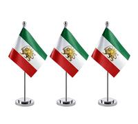 Bandiere dell'Iran antico con supporto, 14 x 21 cm, bandiera storica dell'Iran, leone persiano e sole da scrivania per ufficio, aula e storia, colori vivaci e base robusta, confezione da 3