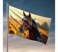 Bandiere divertenti campo di girasoli con cavallo decorato e farfalle bandiera ragazzi camera da letto decorazioni cose per la camera dei ragazzi (120 x 180 cm)