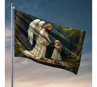 Bandiere divertenti con angelo che guida un bambino attraverso il bosco, bandiera occidentale, decorazione per la casa, per dormitorio universitario (60 x 90 cm)