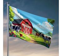 Bandiere divertenti mucche al pascolo vicino alla primavera verde fattoria fienile. bandiera decorazione per la stanza bandiere decorazione country (152 x 244 cm)