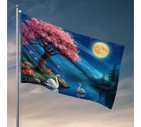 Bandiere divertenti per camera ragazzi cigni vicino al lago chiaro di luna con fiori di ciliegio bandiera divertente decorazione bagno accessori uomo (120 x 180 cm)