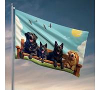 Bandiere divertenti per camera ragazzi quattro cani che si rilassano su una panchina sotto il sole, bandiera per casa e bar, decorazione per la stanza dei ragazzi (152 x 244 cm)