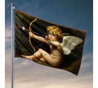 Bandiere divertenti per dormitorio con un cherubino con le ali che puntano una freccia. Decorazione per camera da letto, cartelli autunnali per portico anteriore (120 x 180 cm)